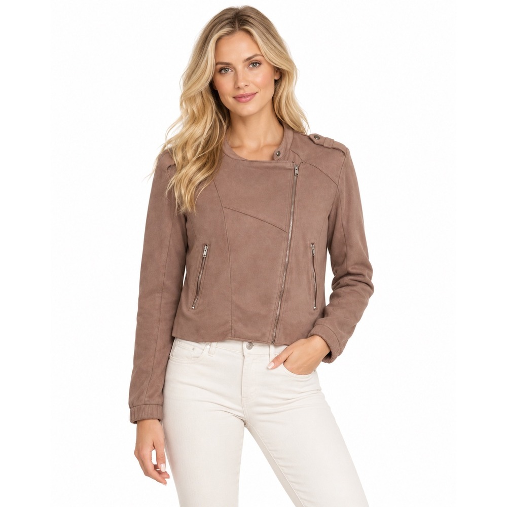 Blank NYC Moto Jacket Women XS Tan Excellent Faux Suede Asymmetrical Zip Biker